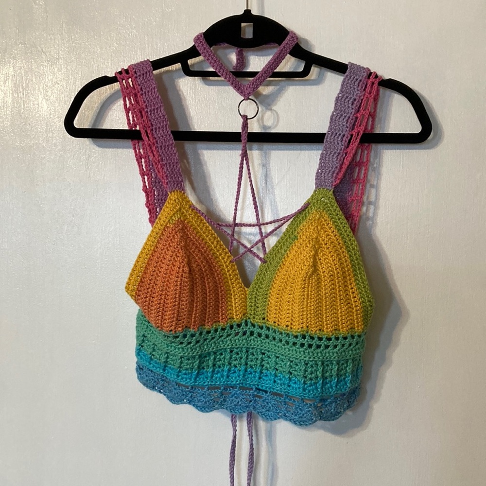 Handmade Colorful Crochet Knit Bra Tank Top with Collar Star Necklace and Lace